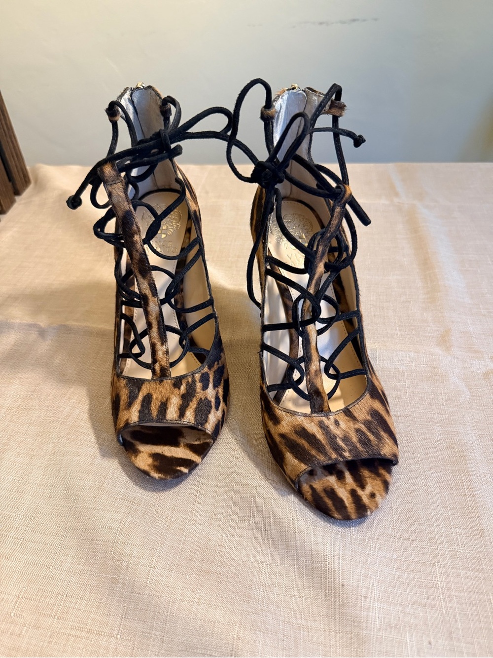 Vince Camuto Leopard Lace-Up Peep-Toe Heels - Brown/Black